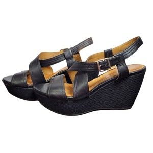 Clarks Nadene Ziva Black Leather Wedge Strappy Sandal Size 9.5M
